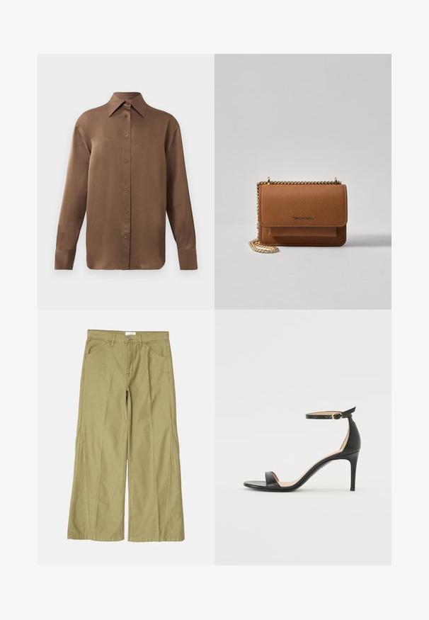 Chemise marron à manches longues avec un col et des poignets pointus, présentée sur un fond blanc uni.; Pantalons larges en coton vert olive clair, avec une fermeture éclair, des poches avant et des coutures décoratives le long des coutures.; Sandale à talons hauts en cuir noir avec une lanière de cheville. Présente une texture lisse, un bout ouvert et un talon fin. Détail de boucle en ton doré.; Sac en cuir texturé marron en bandoulière avec une sangle en chaîne dorée et une fermeture à rabat. L'avant présente un détail de logo et une poche sous le rabat.