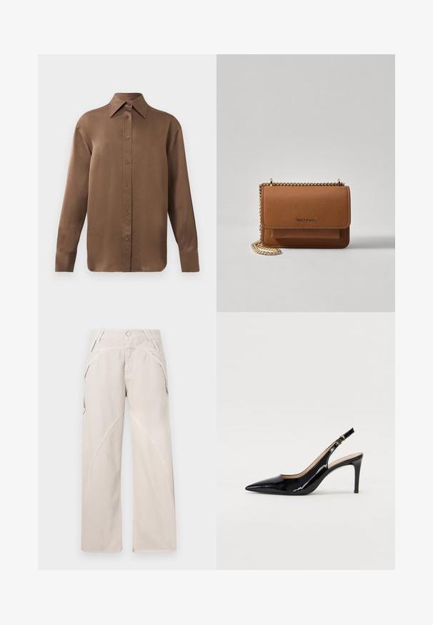 Brown long-sleeve button-up shirt with pointed collar and cuffs, displayed against a plain white background.; Beige wide-leg pants made from cotton blend fabric, featuring curved seam details, a button closure, and side pockets. Flat front design.; Black patent leather slingback pump with pointed toe, slim heel, and a subtle cutout design. Features a gold buckle on the strap.; Brown textured leather crossbody bag with gold chain strap and flap closure. Front features logo detail and a pocket under the flap.