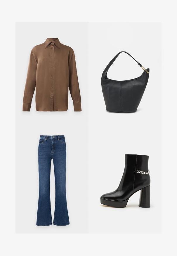 Cămașă lungă cu mânecă, de culoare maro, cu guler și manșete ascuțite, prezentată pe un fundal alb simplu.; Blugi evazați de culoare albastru închis, realizați din denim, cu talie înaltă, design standard cu cinci buzunare și accente subtile de cusătură.; Botine negre din piele lacuită, cu platformă masivă și toc înalt. Prezintă un accent din lanț argintiu pe lateral. Textură netedă.; Geantă din piele neagră, cu o formă rotunjită, curea lată și un finisaj texturat. Are detalii subtile de cusătură și un accent din metal de culoare aurie.