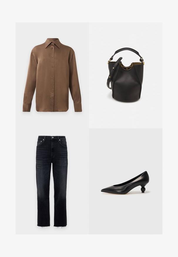 Pruun pikkade varrukatega nööbitav särk terava krae ja mansettidega, esitatud lihtsa valge tausta ees.; Kõrge vöökohaga, sirge säärega teksad tumedast denimist, millel on kulunud serv ja klassikaline viie taskuga disain hõbedase riistvaraga.; Must musta kõrge kontsaga king, millel on terav nina ja ümar, pallikujuline konts. Sile pind ja elegantne, minimalistlik disain.; Mustast nahkämbriga kott tekstuurses viimistluses, kuldsete metalldetailide aktsentidega ja avatud ülaosaga. Omab lühikest käepidet ja reguleeritavat õlavarre rihma.