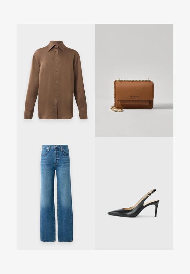 Ruda ilgų rankovių marškiniai su sagomis ir smailiais apykakle bei rankogaliais, išdėstyti prieš paprastą baltą foną.; Plačios kojų džinsai, pagaminti iš šviesiai mėlynos džinsinio audinio. Turi mygtukų užsegimą, diržo kilpas ir kontrastingas siūles. Audinys turi išblukusio plovimo efektą.; Juodos odinės slingback aukštakulnės bateliai su smailiu nosiu, reguliuojama juosta ir elegantišku stiletto kulnu, pasižymintys lygia apdaila.; Ruda tekstūruota odinė per petį nešama rankinė su auksiniu grandininiu dirželiu ir užlenkiamo užsegimo. Priekinėje pusėje yra logotipo detalė ir kišenė po užlenkimu.