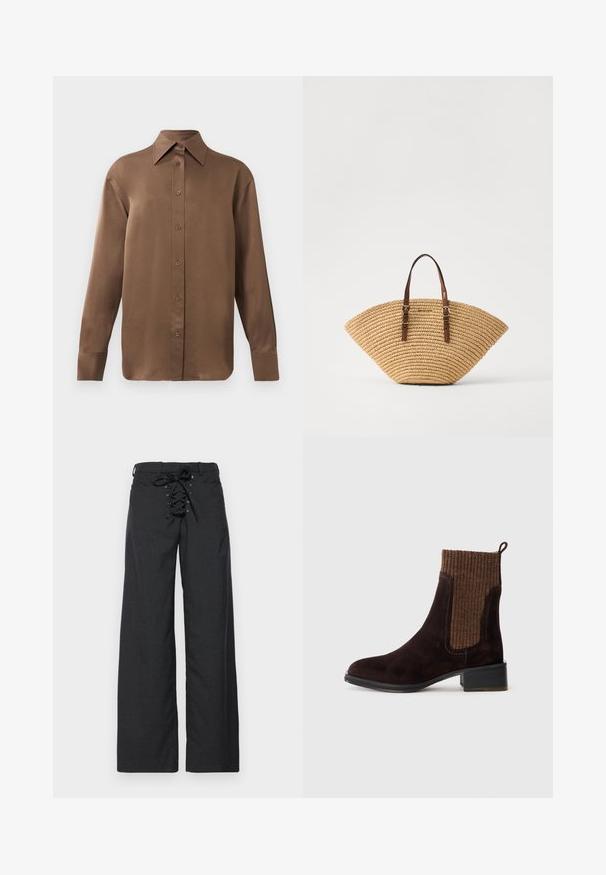 Hnědá košile s dlouhým rukávem, zapínaná na knoflíky, s špičatým límcem a manžetami, vystavená na jednobarevném bílém pozadí.; Tmavě šedé kalhoty s širokými nohavicemi a šněrováním v pase. Vyrobené z texturované látky, s elegantním a minimalistickým designem.; Hnědé semišové kotníkové boty s texturovaným hnědým žebrovaným úpletem, hladkým povrchem, nízkým blokovým podpatkem a poutkem na patě pro snadné nazouvání.; Slámová taška ve tvaru ventilátoru s hnědými koženými držadly a texturovaným tkaním. Přírodní hnědá barva s hladkým povrchem a minimálními akcentními detaily.
