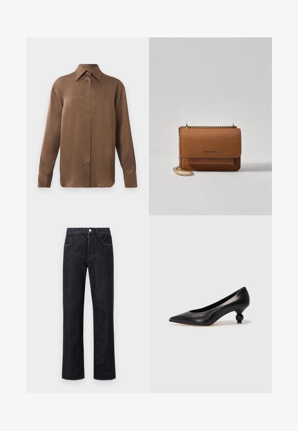 Brūns garās piedurknes pogājamais krekls ar norādītu apkakli un aprocēm, izlikts pret vienkāršu baltu fonu.; Melns džinsa auduma bikses ar taisnu kāju griezumu, kurām ir piecas kabatas, priekšējā pogu aizdare un kontrastējoša šuvju izšūšana.; Melnas ādas augstpapēžu kurpes ar smailu purngalu un apaļu papēdi. Gluda tekstūra ar elegantu, minimālistisku dizainu.; Brūna teksturēta ādas plecu soma ar zelta ķēdes siksnu un atloka aizdari. Priekšpusē ir logotipa detaļa un kabata zem atloka.