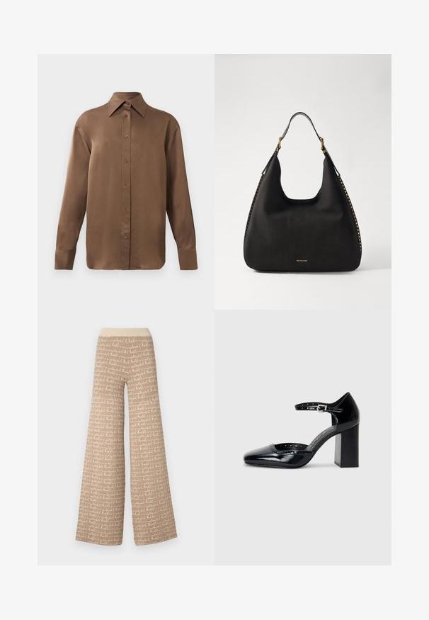 Brūns garās piedurknes pogājamais krekls ar norādītu apkakli un aprocēm, izlikts pret vienkāršu baltu fonu.; Beige platās bikses ar atkārtotu rokraksta tekstu gaisākā nokrāsā. Mīksta, teksturēta auduma ar ribotu jostas vietu.; Melna lakota ādas augstpapēžu kurpes ar kvadrātu purngalu, potītes siksniņu un masīlu papēdi. Iekļauj perforētu apdari gar malu.; MICHAEL Michael Kors NOLITA HOBO  - Rokassoma - black