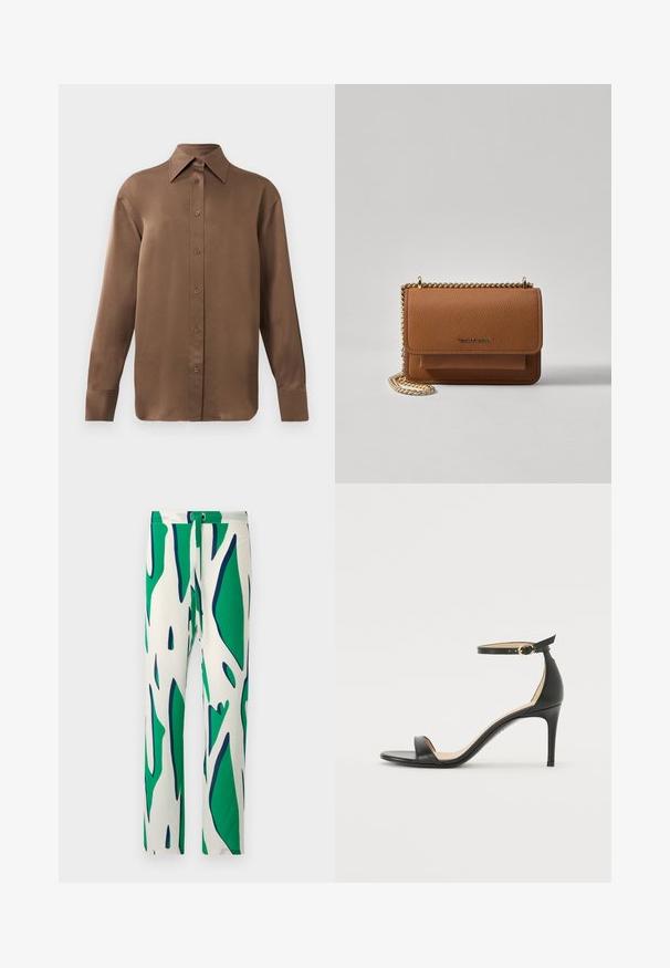 Barna, hosszúujjú, gombos ing, hegyes gallérral és mandzsettákkal, egyszerű fehér háttér előtt kiemelve.; Fehér nadrág merész zöld és tengerészkék absztrakt mintával. Egyenes lábbal tervezve, gombos záródással.; Fekete bőr magassarkú szandál bokapánttal. Simább textúrájú, nyitott orrú és vékony sarkú. Arany színű csat részlet.; Barna textúrájú bőr keresztbody táska arany lánc pánttal és fedélzárral. Az elején logó részlet és egy zseb található a fedél alatt.