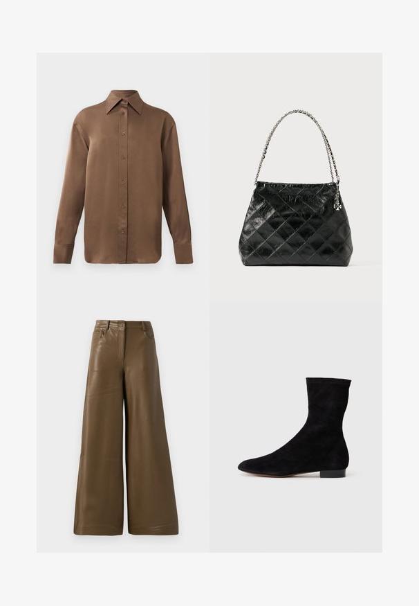 Camisa branca de mangas longas com botões e colarinho pontudo, exibida contra um fundo branco liso.; Calças de perna larga feitas de imitação de pele castanha e lisa. Apresenta uma cintura alta, quatro bolsos e um fecho de correr à frente. Textura lisa e design minimalista.; Bota de tornozelo em camurça preta com cano ajustado, bico fino e salto bloco baixo. Textura suave e design minimalista, adequada para estilos versáteis.; Mala de mão preta em pele acolchoada com alça em corrente prateada, apresentando um design estruturado e textura lisa.