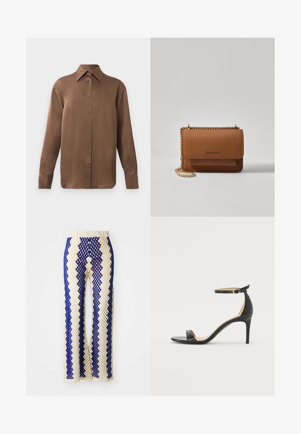 Bruine overhemd met lange mouwen en knopen, voorzien van een spitse kraag en manchetten, op een eenvoudige witte achtergrond weergegeven.; Haken wijduitlopende broek in crème en marineblauw, met een geometrisch patroon, elastische tailleband en open structuur gedurende het hele stuk.; Zwarte leren hoge hak sandaal met enkelbandje. Heeft een gladde textuur, open teen en een dunne hak. Gouden gesp detail.; Bruine lederen schoudertas met textuur, voorzien van een gouden kettingstrap en klepsluiting. De voorkant heeft een logo-detail en een zak onder de klep.