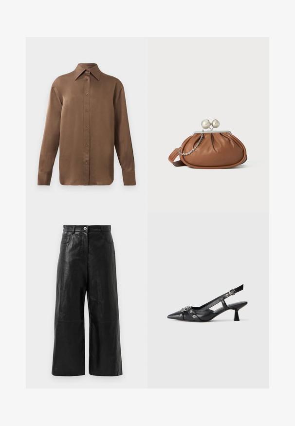 Chemise marron à manches longues avec un col et des poignets pointus, présentée sur un fond blanc uni.; Pantalons larges en cuir noir avec une texture lisse, dotés d'une fermeture éclair et de poches avant. Design minimaliste avec une longueur cropped.; Chaussure slingback en cuir noir avec un bout pointu, des sangles décoratives avec œillets en métal et un petit talon carré. Surface texturée.; Pochette en cuir marron avec un fermoir à boule en argent et un petit détail en chaîne argentée sur fond blanc.