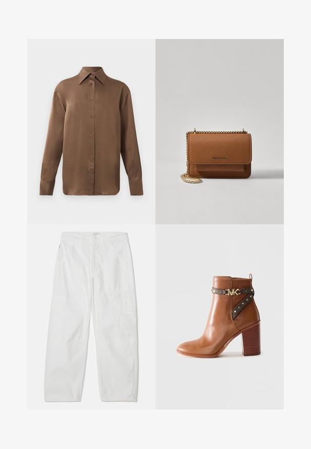 Camisa branca de mangas longas com botões e colarinho pontudo, exibida contra um fundo branco liso.; Citizens of Humanity MARCELLE LOW SLUNG - Calças cargo - beige; Bota de tornozelo em couro castanho com salto bloco empilhado, tira lateral com studs dourados e fivela com o logotipo "MK" dourado.; Bolsa crossbody de couro texturizado castanho com alça de corrente dourada e fecho com aba. A parte da frente apresenta detalhe do logótipo e um bolso sob a aba.