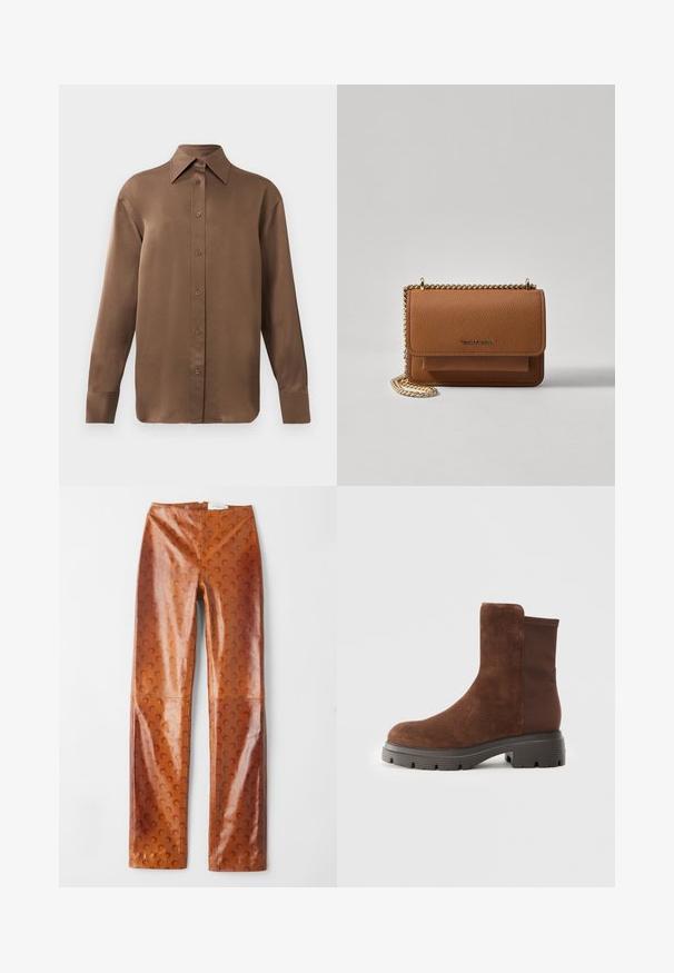 Pruun pikkade varrukatega nööbitav särk terava krae ja mansettidega, esitatud lihtsa valge tausta ees.; Pruun kunstnahast püksid, millel on tekstureeritud pind ja kuu kujuline muster, kõrge vöökohaga disain ja sirge säär.; Pruun nahast ankle saapad elastsete külgpaneelidega, ümmargune varvas ja paks kummist tald, millel on tekstureeritud kulumisjälgede muster.; Pruun tekstureeritud nahk ristkeha kott kuldse ahelaga rihmaga ja klapiga sulgemine. Esiküljel on logo detail ja tasku klapi all.