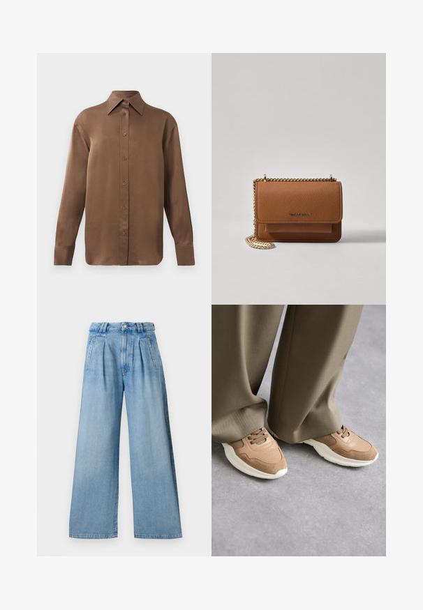 Pruun pikkade varrukatega nööbitav särk terava krae ja mansettidega, esitatud lihtsa valge tausta ees.; Heledad sinised laiade jalgadega teksapüksid, millel on pleed vöökoha juures, kaks külge taskut ja nööpkinnitus. Valmistatud sujuva tekstuuriga denimkangast.; Pruunid spordijalatsid, mis on valmistatud sujuvast nahast ja võrkmaterjalist, valge kummitald ja peened perforatsioonid. ; Pruun tekstureeritud nahk ristkeha kott kuldse ahelaga rihmaga ja klapiga sulgemine. Esiküljel on logo detail ja tasku klapi all.