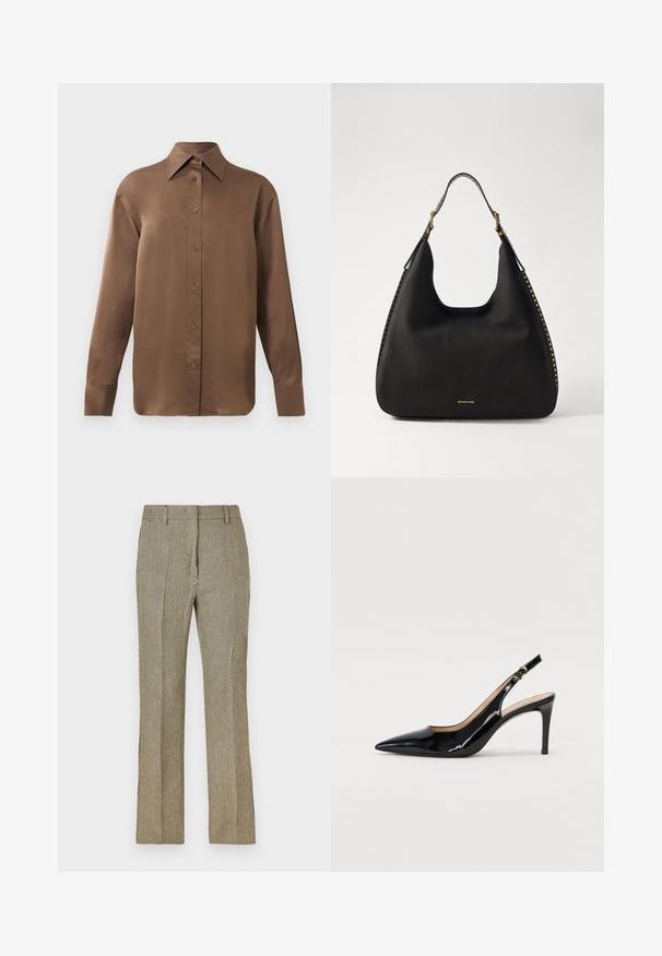 Camicia marrone a maniche lunghe con bottone, colletto e polsini a punta, esposta su uno sfondo bianco uniforme.; Pantaloni su misura a quadri beige e neri con gamba dritta, dotati di passanti per cintura e tasche laterali, realizzati in un tessuto liscio.; Pumps slingback in pelle verniciata nera con punta affilata, tacco sottile e un design con ritagli delicati. Caratterizzate da una fibbia dorata sul cinturino.; MICHAEL Michael Kors NOLITA HOBO  - Borsa a mano - black