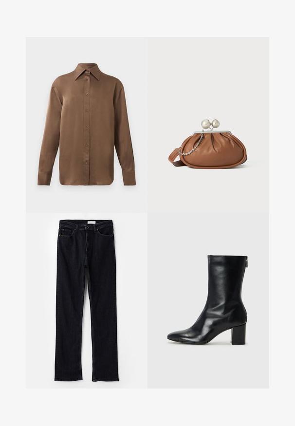 Brun langærmet skjorte med knapper, spids krave og manchetter, vist mod en simpel hvid baggrund.; Mørkevaske denimjeans med lige ben, femlommesdesign og en klassisk talje. Syningsdetaljer. Ingen synlig branding.; Sorte læder ankelstøvler med spids tå og 4 cm blokhæl. Det slanke design har en sidelukning for nem påtagning. Glat tekstur.; Brun læder clutch-pung med sølv kugleklap og en lille sølv kædedetalje på en hvid baggrund.