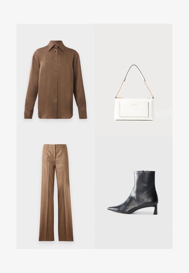 Camisa branca de mangas longas com botões e colarinho pontudo, exibida contra um fundo branco liso.; Calças retas em xadrez castanho com passantes para cinto e vincos frontais sobre um fundo cinza claro.; Bota de tornozelo em pele preta com biqueira apontada e um design elegante. Apresenta um salto baixo e um fecho com zipper na parte de trás. Textura suave.; Bolsa de mão branca em couro com acabamento texturizado, featuring a corrente dourada e detalhes pretos. Inclui um bolso frontal e fecho com zipper.