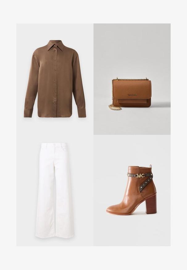 Brun långärmad skjorta med knäppning, spettdetalj på kragen och manschetterna, uppvisad mot en vit bakgrund.; Vita vida jeans av denim, med raka ben, framfickor, knappstängning och en avslappnad passform. Slät textur med minimal detaljering.; Brun läderankelboot med staplad blockklack, sidrem med guldnitar och en guld "MK"-logobuckle.; Brun texturerad läder crossbody-väska med guldkedja och klaffstängning. Framsidan har logotypdetalj och en ficka under klaffen.