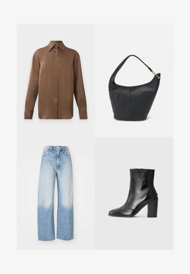 Kahvi pitkähihainen napitettava paita, jossa on terävä kaulus ja hihansuut, esillä yksinkertaisen valkoisen taustan edessä.; Vaaleansiniset leveälahkeiset farkut, joissa on liukuväri vaaleasta tummansiniseen, viisi taskua ja korkea vyötärösuunnittelu.; Mustat nahka ankle bootit, joissa on sileä pinta, terävä kärki ja paksu korkea korko. Sivusaumassa on avaus ja muuten yksinkertainen muotoilu.; Mustan nahkainen käsilaukku, jossa on pyöreä muoto, leveä olkahihna ja teksturoitu pinta. Sisältää hienovaraisia saumaräätelyjä ja kultasävytteisen varusteen.