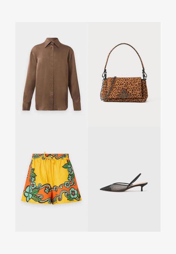 Brown long-sleeve button-up shirt with pointed collar and cuffs, displayed against a plain white background.; Yellow and orange shorts featuring floral patterns in green and brown. Elastic waistband with a drawstring, made of lightweight fabric.; NEOUS IRENA - Classic heels - black; Leopard print handbag made of suede with a short handle, a chain strap, and a black hardware clasp. Rectangular shape with a flap closure.