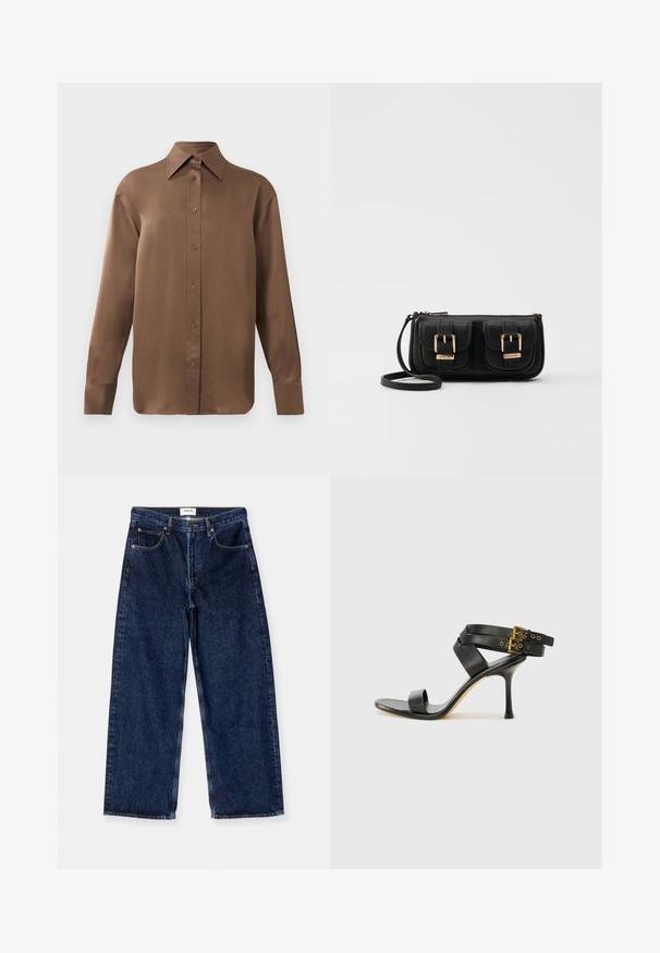 Camisa de botones de manga larga marrón con cuello y puños puntiagudos, exhibida sobre un fondo blanco liso.; Vaqueros de mezclilla anchos de color azul oscuro con una cintura alta, bolsillos delanteros y una textura suave con sutiles acentos de costura.; Sandalia negra de tacón con correas cruzadas y hebilla ajustable. Presenta una textura suave y un tacón de aguja afilado.; Bolso cruzado de cuero negro con dos bolsillos frontales, hebillas doradas, cierre de cremallera y una correa delgada. Superficie texturizada y forma rectangular compacta.