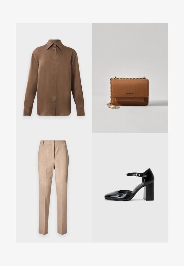 Braunes Langarmhemd mit Knopfverschluss, spitzem Kragen und Manschetten, vor einem schlichten weißen Hintergrund präsentiert.; Beige maßgeschneiderte Hose aus leichtem Stoff, mit flachem Bund, schmal zulaufenden Beinen und ohne sichtbare Verzierungen oder Taschen.; Schwarze patentierte Leder-High Heels mit quadratischer Zehenform, Knöchelriemchen und dicker Absatz. Enthält durchbrochene Details entlang des Randes.; Braune strukturierte Ledertasche mit goldener Kettenriemen und Klappenverschluss. Die Vorderseite zeigt ein Logo-Detail und eine Tasche unter der Klappe.