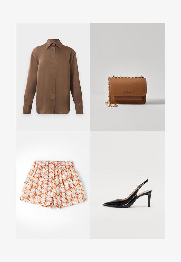Brown long-sleeve button-up shirt with pointed collar and cuffs, displayed against a plain white background.; White shorts with an orange palm leaf pattern, elastic waistband, and a loose fit. Made of lightweight fabric, suitable for warm weather.; Black patent leather slingback pump with pointed toe, slim heel, and a subtle cutout design. Features a gold buckle on the strap.; Brown textured leather crossbody bag with gold chain strap and flap closure. Front features logo detail and a pocket under the flap.