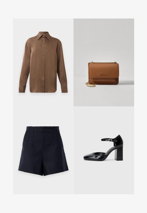 Barna, hosszúujjú, gombos ing, hegyes gallérral és mandzsettákkal, egyszerű fehér háttér előtt kiemelve.; Sötétkék, szabott fazonú rövidnadrág, két elülső redővel, sima textúrával és combközép hosszúságú egyenes kèpèssel.; Fekete patent bőr, magas sarkú cipők négyzetes orral, bokapánttal és vastag sarkal. A szélén lyukacsos díszítéssel.; Barna textúrájú bőr keresztbody táska arany lánc pánttal és fedélzárral. Az elején logó részlet és egy zseb található a fedél alatt.