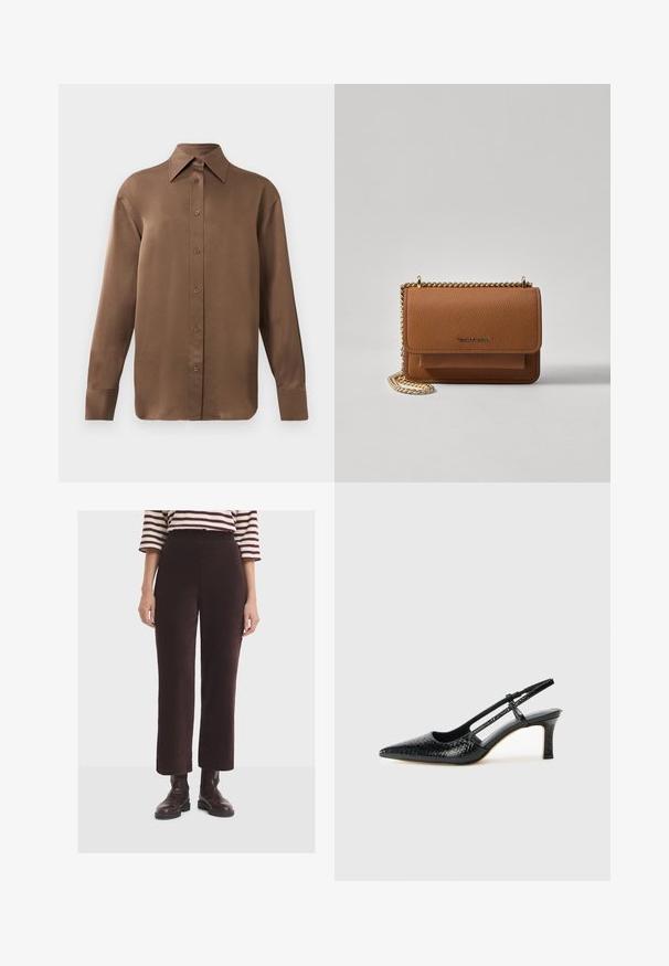 Hnedá košeľa s dlhým rukávom, so zapínaním na gombíky, s špicatým golierom a manžetami, vystavená na jednoduchom bielom pozadí.; Žena oblečená v tmavo hnedej ribbených nohaviciach s širokými nohavicami, hnedých kožených členkových čižmách a bielej košeli s bordovými pruhmi a trojštvrťovými rukávmi.; Čierne patentové slingback topánky na ihlovom podpätku s špicatou špičkou, s textúrovaným hadím vzorom, nastaviteľným popruhom a krátkym, textúrovaným blokovým podpätkom.; Hnedá textúrovaná kožená taška cez telo s zlatým reťazovým popruhom a preklopným uzáverom. Predná strana obsahuje detail s logom a vrecko pod preklopkou.