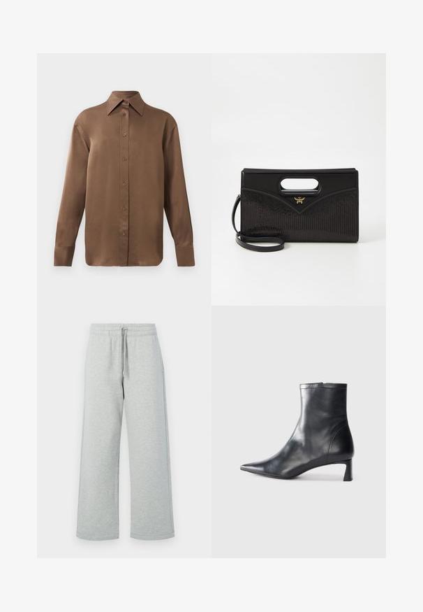 Brūns garās piedurknes pogājamais krekls ar norādītu apkakli un aprocēm, izlikts pret vienkāršu baltu fonu.; Pelēkas sporta bikses, kas izgatavotas no mīksta auduma, ar elastīgu jostasvietu un auklu, kā arī platām kājām. Nav redzamu rakstu vai metāla detaļu.; Melnas ādas potītes zābaki ar norādītu pirkstu un elegantu dizainu. Iezīmē zemu papēdi un rāvējslēdzēja aizdari aizmugurē. Gluda tekstūra.; Melnā somiņā ar strukturētu formu, ar augšējo rociņu, gludas ādas ārpusi un teksturētu audumu ar svītrām. Zelta aksesuāri.