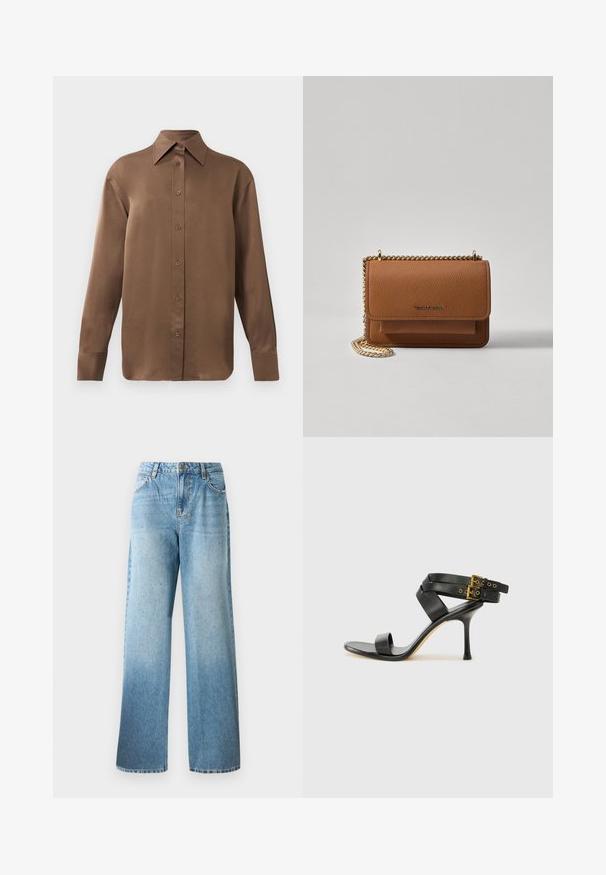 Rjav dolg rokav s srajco s gumbi in koničastimi ovratniki in manšetami, prikazana na enostavni beli podlagi.; Svijetloplave traperice s opuštenim krojem, ravnim nogavicama i suptilnim ukrasima. Sadrže tradicionalni dizajn s pet džepova i petlje za remen.; Črne sandale na peto z križnimi trakovi in prilagodljivo zaponko. Imajo gladko teksturo in zožen peto.; Rjava teksturirana usnjena torba čez ramo z zlatim verižnim trakom in zapiranjem na pokrov. Spredaj je vidna podrobnost logotipa in žep pod pokrovom.