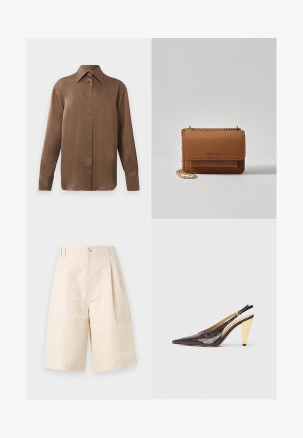 Brūns garās piedurknes pogājamais krekls ar norādītu apkakli un aprocēm, izlikts pret vienkāršu baltu fonu.; Beige linu džinsi ar brīvu piegriezumu, ar pogu aizdari, krokām un līdz ceļiem garumu. Gluda tekstūra un vienkāršs stils.; Garinātā pīsma zole ar atvērtiem papēžiem, tumši brūnā spīdīgā mākslīgā krokodila ādā. Iezīmējas ar zelta krāsas ģeometrisku papēdi un regulējamu potītes jostu.; Brūna teksturēta ādas plecu soma ar zelta ķēdes siksnu un atloka aizdari. Priekšpusē ir logotipa detaļa un kabata zem atloka.