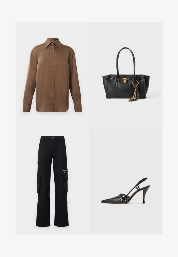 Brown long-sleeve button-up shirt with pointed collar and cuffs, displayed against a plain white background.; MAX&Co. REGIO - Cargo trousers - black; Black leather high-heeled slingback shoe with pointed toe, crisscross strap design, and slim stiletto heel. Smooth texture and minimal accents.; Black leather handbag with double handles, gold lock and chain detail, and black-and-white tassel accessory against white background.