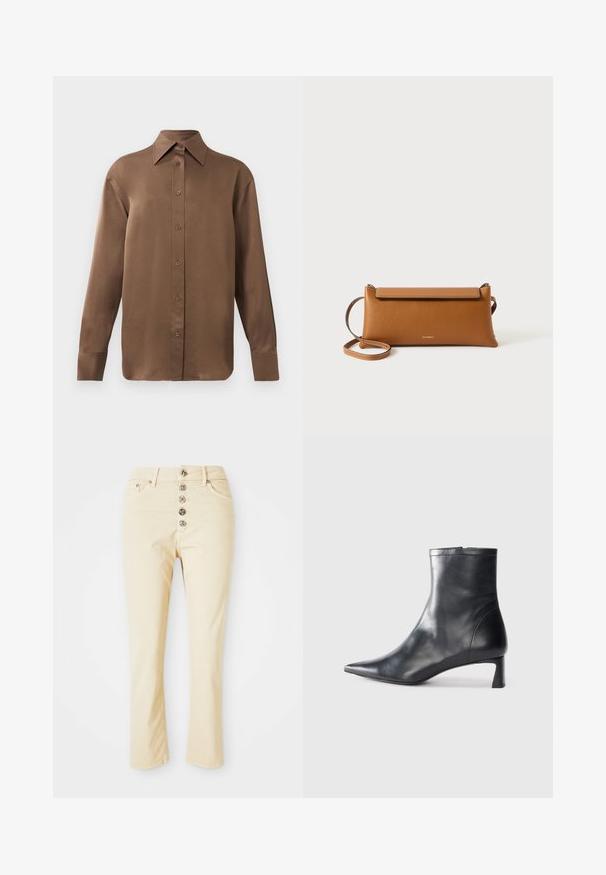 Hnedá košeľa s dlhým rukávom, so zapínaním na gombíky, s špicatým golierom a manžetami, vystavená na jednoduchom bielom pozadí.; Béžové džínsy vyrobené z bavlny, s predným zapínaním na tlačidlo so piatimi kovovými gombíkmi a rovnými nohavicami. Hladká textúra a klasický dizajn.; Čierne kožené členkové topánky s špicatou špičkou a elegantným dizajnom. Majú nízky podpätok a zips na zadnej strane. Hladká textúra.; Hnedá kožená kabelka na clutch, obdĺžnikový tvar, textúrovaný povrch, odnímateľný popruh, zipsové zatváranie, decentné logo embosované na prednej strane.
