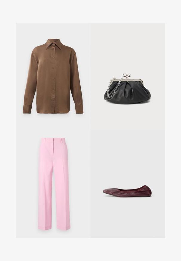 Bruine overhemd met lange mouwen en knopen, voorzien van een spitse kraag en manchetten, op een eenvoudige witte achtergrond weergegeven.; Lichtroze, wijde broek met een gladde textuur, voorzien van een standaard tailleband en scherpe plooien aan de voorkant voor structuur.; Ballet flats in diep bordeauxleer, met een rond neuspunt, elastische rand en een gladde textuur met subtiele plooidetails.; Zwarte leren clutch met geplooide textuur, zilverkleurig metalen frame, drukknopsluiting en kettingriem. Glad, zacht oppervlak.
