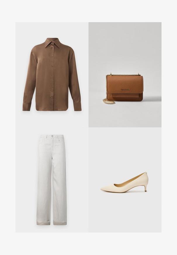 Pruun pikkade varrukatega nööbitav särk terava krae ja mansettidega, esitatud lihtsa valge tausta ees.; Heledad hallid linased püksid, millel on mugav lõige, viis taskut, nööbiga sulgemine ja üles kääritud sääred. Sile tekstuur, millel on peen läige.; Beige teravikuga kingad, mis on valmistatud siledast sünteetilisest materjalist, madala kontsaga ja libistatava disainiga, millel on tagasihoidlik seljaosa detail.; Pruun tekstureeritud nahk ristkeha kott kuldse ahelaga rihmaga ja klapiga sulgemine. Esiküljel on logo detail ja tasku klapi all.