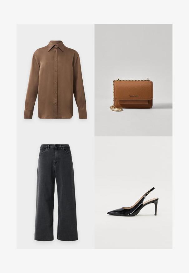 Camisa branca de mangas longas com botões e colarinho pontudo, exibida contra um fundo branco liso.; Jeans de denim pretos de perna larga com botão e fecho à frente, passadores para cinto e bolsos frontais em fundo branco liso.; Sandal com salto em verniz preto, bico fino, salto esguio e um design de recorte subtil. Apresenta uma fivela dourada na alça.; Bolsa crossbody de couro texturizado castanho com alça de corrente dourada e fecho com aba. A parte da frente apresenta detalhe do logótipo e um bolso sob a aba.