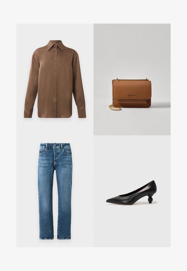 Cămașă lungă cu mânecă, de culoare maro, cu guler și manșete ascuțite, prezentată pe un fundal alb simplu.; Jeans de denim albastri pentru bărbați, cu croială dreaptă, cinci buzunare și închidere cu nasture. Prezintă o ușoară decolorare și detalii cusute.; Pantofii cu toc înalt din piele neagră, cu vârf ascuțit și toc rotund, mimos. Textură netedă, cu un design elegant și minimalist.; Geantă crossbody din piele texturată maro, cu curea din lanț aurit și închidere cu clapetă. Partea din față prezintă detalii cu logo și o buzunar sub clapetă.