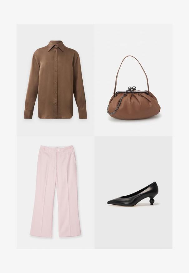 Brūns garās piedurknes pogājamais krekls ar norādītu apkakli un aprocēm, izlikts pret vienkāršu baltu fonu.; Gaiši rozā, platās bikses ar taisnu priekšpusi, kas aprīkotas ar vienu pogu un sānu kabatām, izgatavotas no gludas auduma.; Melnas ādas augstpapēžu kurpes ar smailu purngalu un apaļu papēdi. Gluda tekstūra ar elegantu, minimālistisku dizainu.; Brūns ādas rokassomu ar salocītu dizainu, īsu ādas rokturi un ķēdes siksnu. Tam ir sudraba metāla sprādze ar diviem apaļiem akcentiem.