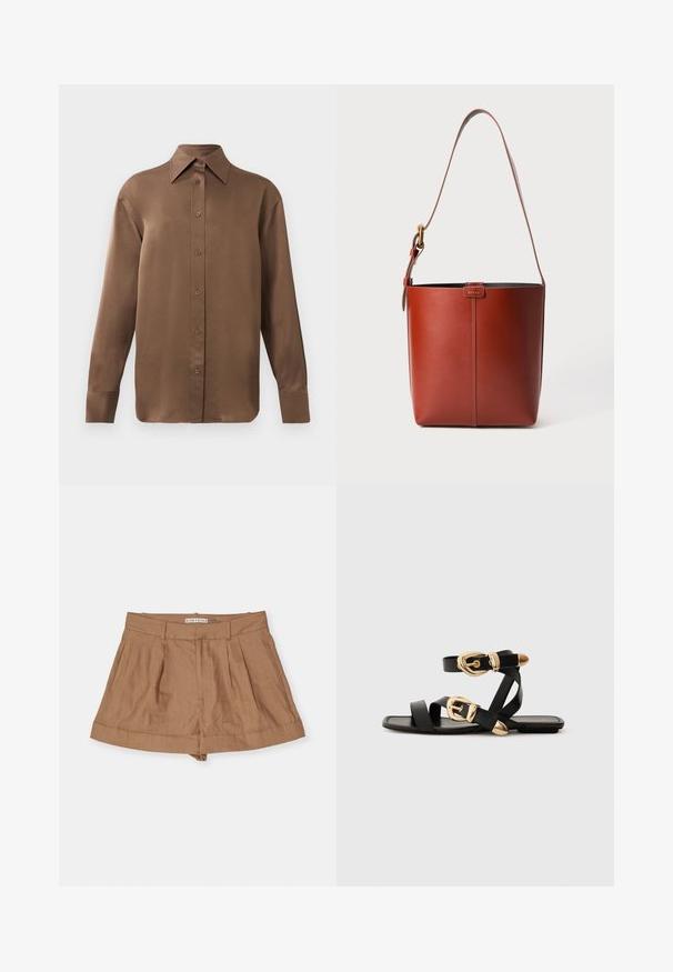 Camicia marrone a maniche lunghe con bottone, colletto e polsini a punta, esposta su uno sfondo bianco uniforme.; Pantaloni corti di lino marrone chiaro con un design plissettato, ampia vita e orli arrotolati, esposti su uno sfondo bianco.; Sandali neri in pelle con dettagli in oro, caratterizzati da più cinghie e una suola piatta per un design open-toe.; Borsa a secchiello in pelle marrone con tracolla regolabile e fibbia dorata, semplice dettaglio di cucitura verticale sul davanti.