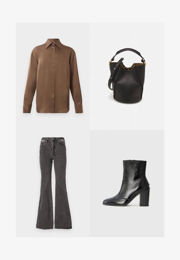 Rjav dolg rokav s srajco s gumbi in koničastimi ovratniki in manšetami, prikazana na enostavni beli podlagi.; Črne zvonaste jeans hlače iz denima z zbledelim videzom, z sprednjimi žepi, pasnimi zankami in kovinskimi zaključki na pasu.; Črne usnjene gležnarske čevlje z gladko teksturo, koničastim nosom in debelim visokim petam. Imajo stransko odprtino in minimalističen dizajn.; Črna usnjena torba v obliki kante z teksturirano površino, z zlatimi kovinskimi detajli in odprtim vrhom. Ima kratek ročaj in prilagodljiv ramenski trak.