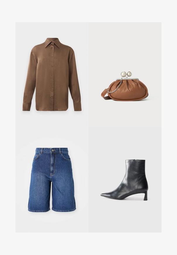 Pruun pikkade varrukatega nööbitav särk terava krae ja mansettidega, esitatud lihtsa valge tausta ees.; Tumedast sinised teksapüksid, millel on kõrge vöökoht, viis taskut ja kontrastne õmblus. Alläär on räbal.; Mustad mustall nahkasaabas terava nina ja stiilse disainiga. Omab madalat konts ja luku sulgemist taga. Sile tekstuur.; Pruun nahast klambriga rahakott, millel on hõbedane palli klamber ja väike hõbedane kett detail, valgel taustal.