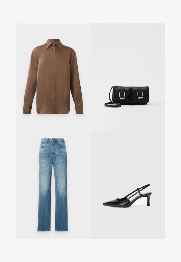 Rjav dolg rokav s srajco s gumbi in koničastimi ovratniki in manšetami, prikazana na enostavni beli podlagi.; Svijetloplave traper široke hlače s izblijedjelim finišem, s pet džepova, kopčanjem na dugme i kontrastnim detaljima šivanja.; Črne lakaste slingback pete s koničastim nosom, ki imajo teksturiran vzorec kačje kože, nastavljiv trak in kratek teksturiran blok peto.; Črna usnjena torbica čez ramo z dvema sprednjima žepoma, zlatimi zaponkami, zadrgo in ozkim pasom. Tekstura površine je strukturirana, obliko pa ima kompaktno pravokotno.
