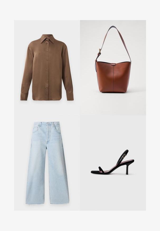Pruun pikkade varrukatega nööbitav särk terava krae ja mansettidega, esitatud lihtsa valge tausta ees.; Heledad sinised laiad teksad, mis on valmistatud denimist, kõrge vöökohaga, esikottidega ja väljaulatuvate õmblusdetailidega. Alt on tooriku äär.; Mustmust naiste kõrge kontsaga sandaalid mustast nahast kitsaste rihmadega ja kullavärvi pandlaga valgel taustal, külgvaade.; Pruun nahast õlakott, millel on kaarjas kuju, sile tekstuur ja üks õhuke rihm. Omab peent õmblust ja väikest logo detaili.
