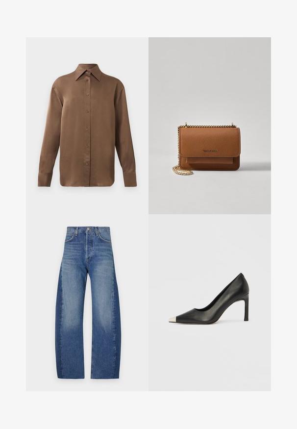 Smeđa košulja s dugim rukavima, s gumbima i šiljastim ovratnikom i manžetama, prikazana na jednostavnoj bijeloj pozadini.; Traperice u svijetloplavom do tamnoplavom gradijentu, s opuštenim širokim krojem, dizajnom s pet džepova i vidljivim šavovima.; Crna kožna cipela s visokim potpeticama, špicastim vrhom i metalnim srebrnim vrhom. Ima glatku završnu obradu i tanku petu visine 10 cm.; Smeđa kožna torba preko tijela s teksturom, zlatnim lančićem i preklopom na zatvaranju. Na prednjoj strani nalazi se detalj s potpisom i džep ispod preklopa.