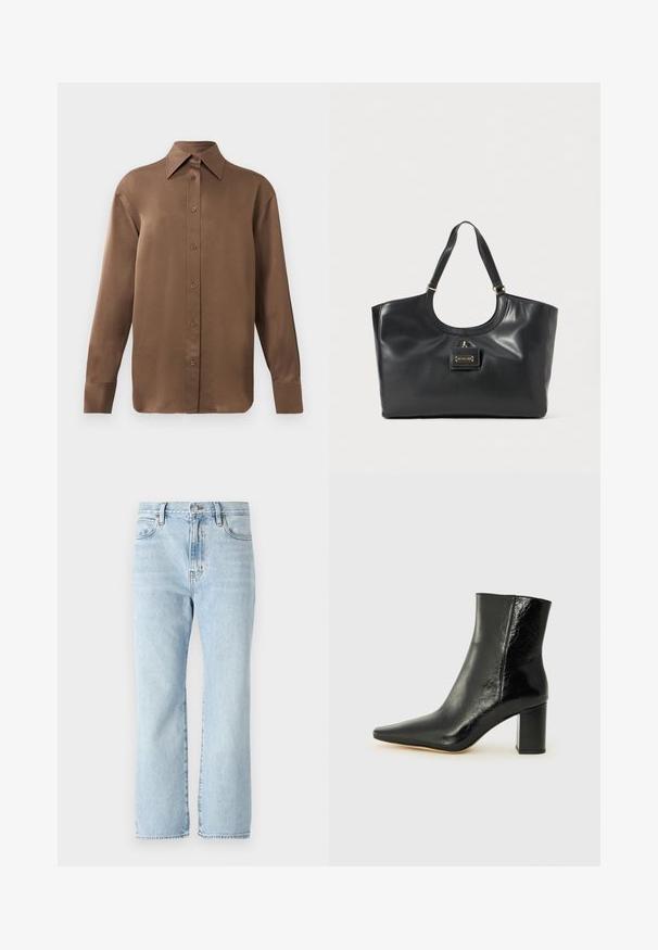 Barna, hosszúujjú, gombos ing, hegyes gallérral és mandzsettákkal, egyszerű fehér háttér előtt kiemelve.; Világoskék farmernadrág, egyenes szárú fazonnal, közepes magasságú derékkal, első zsebekkel és rojtos szegéllyel. Klasszikus ötzsebes stílus.; Fekete bokacsizma fényes bőrből, hegyes orral és tömör, négyzet alakú sarokkal. Simácska textúrával és minimalista dizájnnal rendelkezik.; Fekete bőr tote táska fényes felülettel, ívelt tetejével, két vállpántjával és arany színű fémrészlettel az elején.