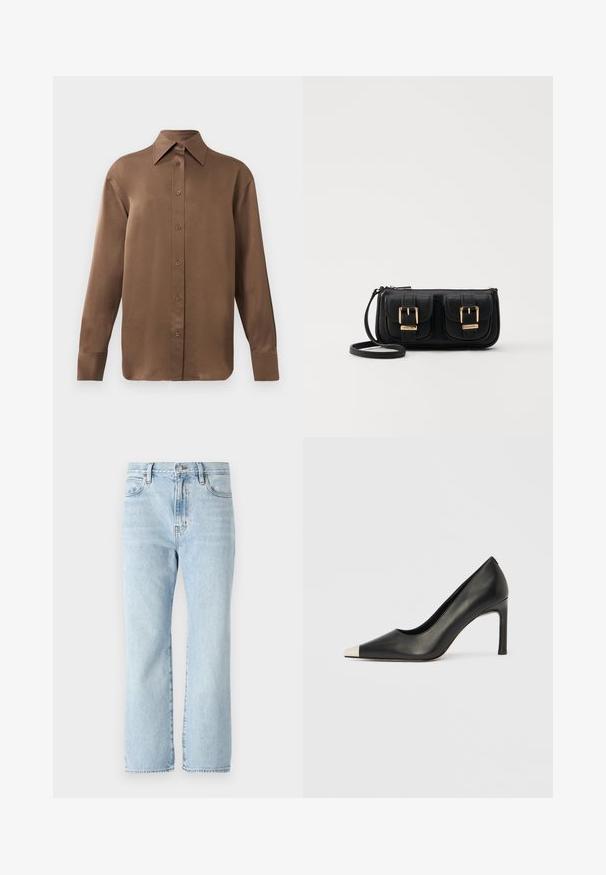 Brown long-sleeve button-up shirt with pointed collar and cuffs, displayed against a plain white background.; Light blue denim jeans with a straight-leg design, mid-rise waist, front pockets, and frayed hem detailing. Classic five-pocket style.; Black leather high heel shoe with a pointed toe and a metallic silver cap. Features a smooth finish and a slender 10 cm heel.; Black leather crossbody bag with two front pockets, gold buckles, zipper closure, and a slim strap. Textured surface and compact rectangular shape.