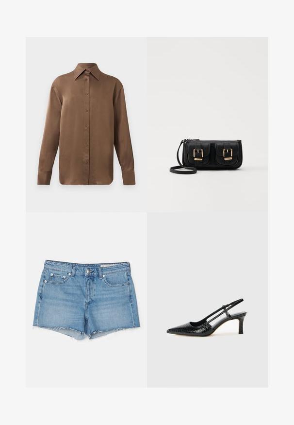 Braunes Langarmhemd mit Knopfverschluss, spitzem Kragen und Manschetten, vor einem schlichten weißen Hintergrund präsentiert.; rag & bone Jeans Shorts - light blue; Schwarze Lack-Slingback-Pumps mit spitzem Zehenbereich, versehen mit strukturiertem Schlangenprint, verstellbarem Riemen und einem kurzen, strukturierten Blockabsatz.; Schwarze Leder-Umhängetasche mit zwei vorderen Taschen, goldenen Schnallen, Reißverschluss und einem schmalen Tragegurt. Texturierte Oberfläche und kompakte rechteckige Form.