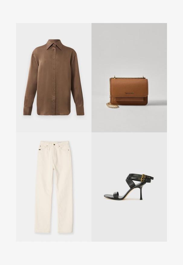 Hnědá košile s dlouhým rukávem, zapínaná na knoflíky, s špičatým límcem a manžetami, vystavená na jednobarevném bílém pozadí.; Bílé džínové kalhoty se rovný střih, pěti kapsami a viditelným prošíváním. Mají zapínání na knoflík a zip, s detaily značkového štítku.; Černé sandály na podpatku s kříženými popruhy a nastavitelnou sponou. Mají hladký povrch a špičatý stiletto podpatek.; Hnědá texturovaná kožená kabelka přes rameno se zlatým řetízkovým popruhem a klopnovým uzavíráním. Přední strana obsahuje detail loga a kapsu pod klopou.