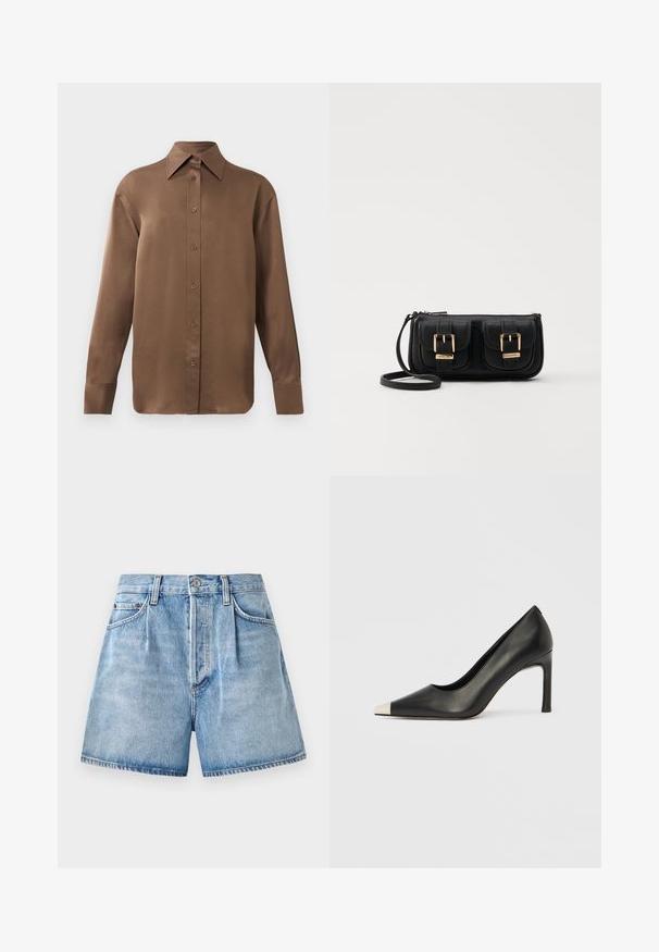Brown long-sleeve button-up shirt with pointed collar and cuffs, displayed against a plain white background.; Light blue denim shorts with a high waist, featuring a button and zipper closure, front pockets, and a raw hemline.; Black leather high heel shoe with a pointed toe and a metallic silver cap. Features a smooth finish and a slender 10 cm heel.; Black leather crossbody bag with two front pockets, gold buckles, zipper closure, and a slim strap. Textured surface and compact rectangular shape.