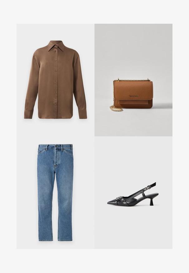 Ruda ilgų rankovių marškiniai su sagomis ir smailiais apykakle bei rankogaliais, išdėstyti prieš paprastą baltą foną.; Šviesiai mėlynos džinsinės kelnės su tiesiu siluetu, su užtrauktuku, penkiomis kišenėmis ir subtiliomis siuvimo detalėmis. Be papuošimų ar raštų.; Juodas odinis slingback tipo batai su smailiu priekiniu atvartu, dekoratyvinėmis sagtimis su metaliniais akyčiais ir žemu blokiniu kulnu. Saldus paviršius.; Ruda tekstūruota odinė per petį nešama rankinė su auksiniu grandininiu dirželiu ir užlenkiamo užsegimo. Priekinėje pusėje yra logotipo detalė ir kišenė po užlenkimu.