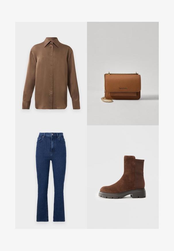 Brun långärmad skjorta med knäppning, spettdetalj på kragen och manschetterna, uppvisad mot en vit bakgrund.; Mörkblå högmidjade jeans i denim med rak bendesign, med framfickor och metallknappslut.; Brun mocka ankelboot med elastiska sidopaneler, rund tå, och en tjock gummisole med en texturerad mönster.; Brun texturerad läder crossbody-väska med guldkedja och klaffstängning. Framsidan har logotypdetalj och en ficka under klaffen.