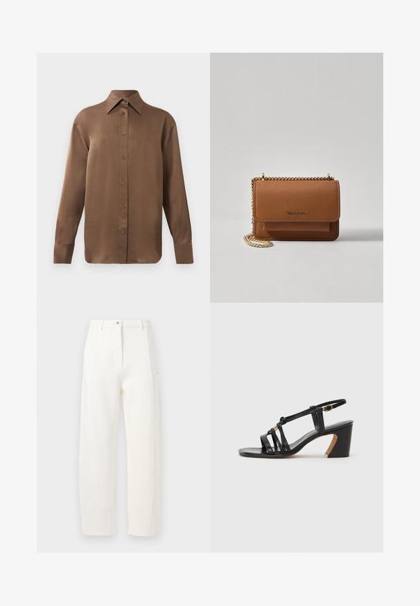 Brūns garās piedurknes pogājamais krekls ar norādītu apkakli un aprocēm, izlikts pret vienkāršu baltu fonu.; Baltas pielāgots bikses ar taisnu piegriezumu, priekšējām krokām, rāvējslēdzēju un pogu aizdari, kā arī sānu kabatām. Gluda auduma virsma ar matētu apdari.; Paul Smith AMIRA - Klasiski papēži - black; Brūna teksturēta ādas plecu soma ar zelta ķēdes siksnu un atloka aizdari. Priekšpusē ir logotipa detaļa un kabata zem atloka.
